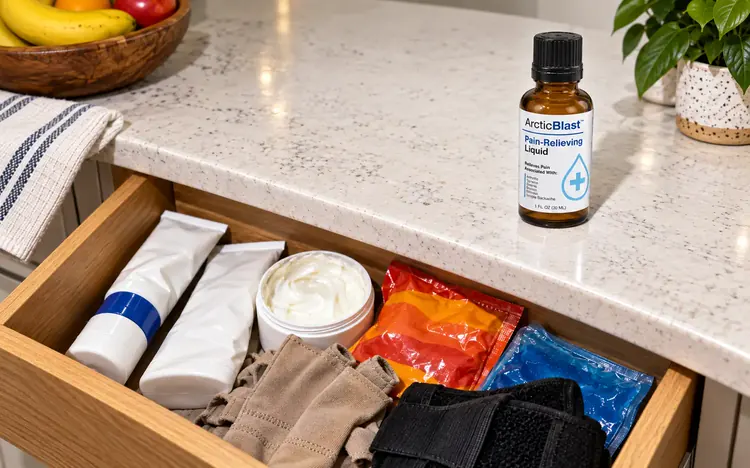 A drawer full of creams, heat packs, gel packs and gloves.